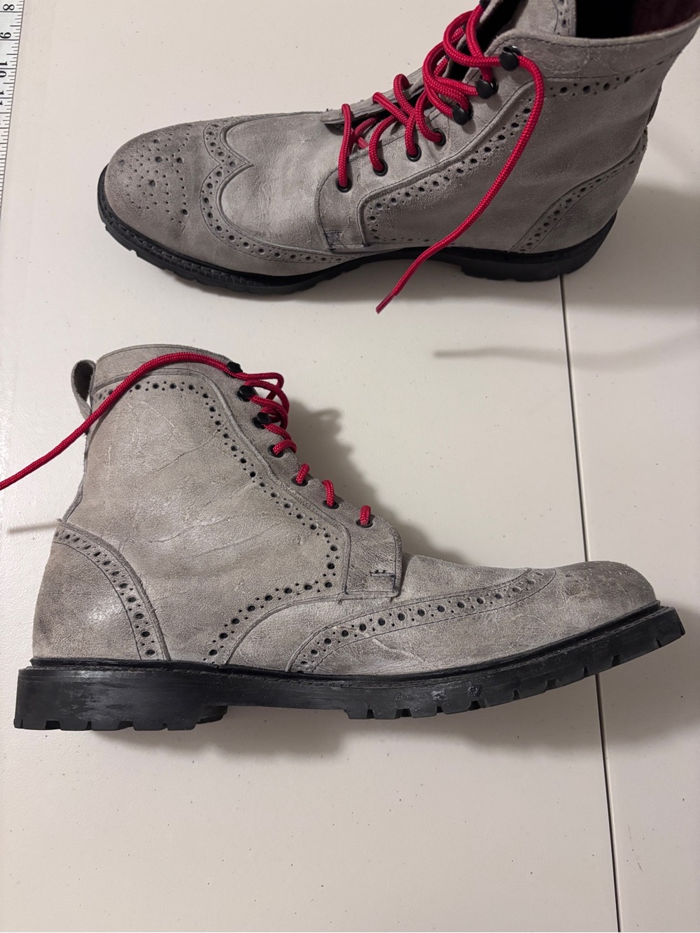 Allen Edmonds Long Branch Grey Leather Wingtip Boots Size 14 Red Laces Vibram - Picture 4 of 11